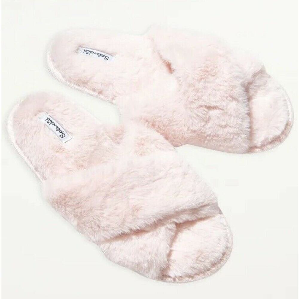 SPLENDID Faux Fur Crisscross Slippers M/L Comfortable & Luxurious Pink